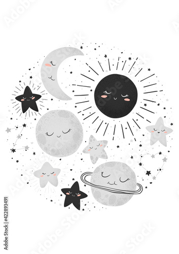 Vector illustration with cute hand drawn cartoon space objects sun, moon, planets and stars isolated on white background. Design for poster, card, print, baby room decoration