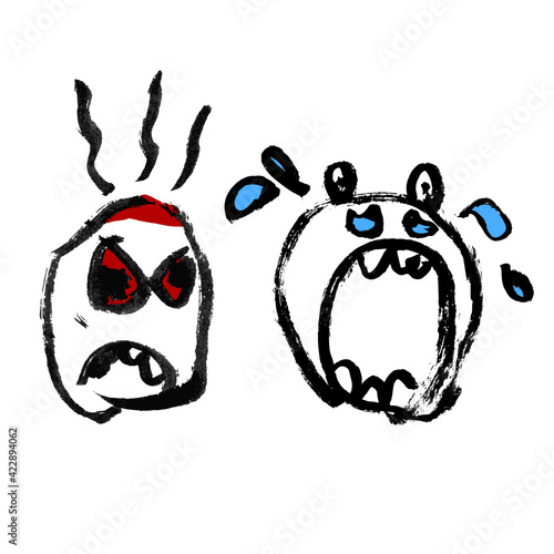 Emotion icons set. Drawn angry and crying heads.