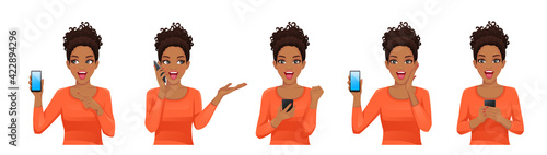 Surprised african woman set with phone