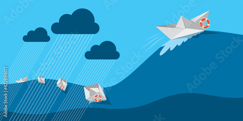 origami ship sailing through rain, wind and wave. surviving tough time, business resilience or life resilience concept