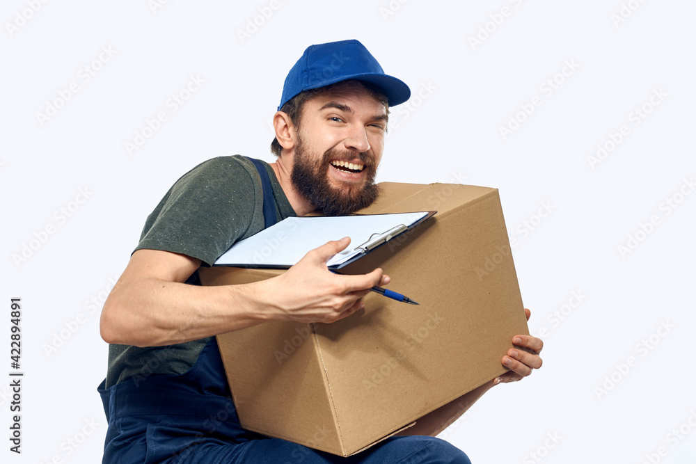 male working uniform box delivery by courier professional male working uniform box delivery by courier professional