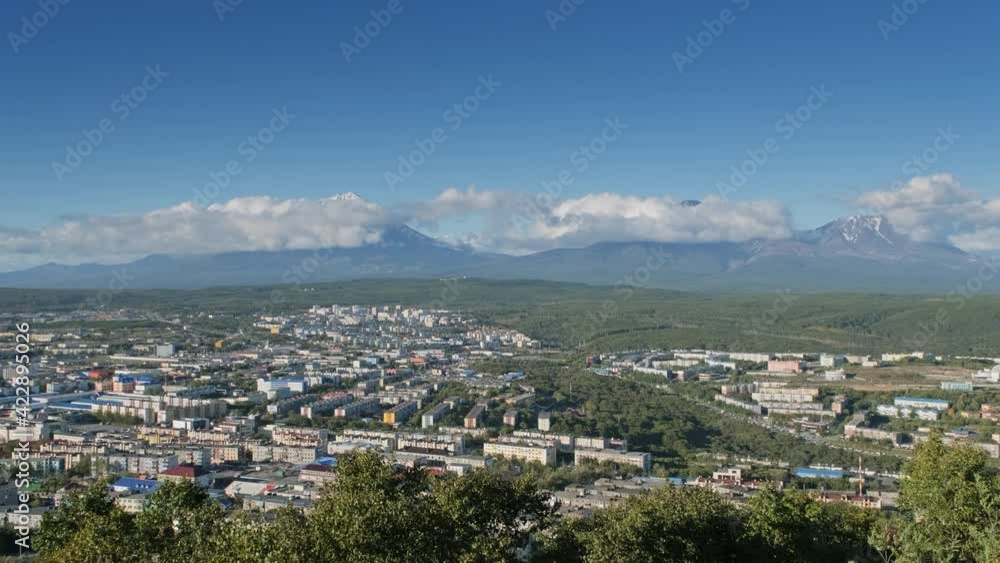 Petropavlovsk-Kamchatsky city and cone of volcano, Kamchatka Peninsula, Russia, 4k Petropavlovsk-Kamchatsky city and cone of volcano, Kamchatka Peninsula, Russia, 4k