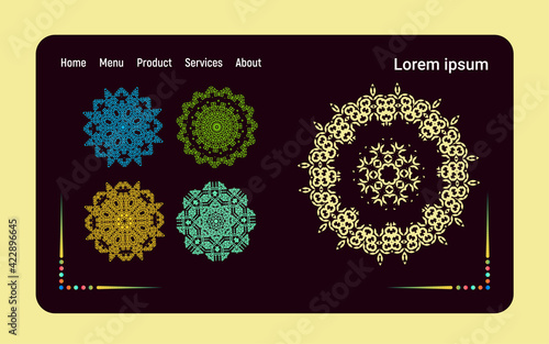 Flat landing web page Template, Perfect for printing on fabric or paper, Set of Ornament round mandalas, Vector illustration. EPS 10