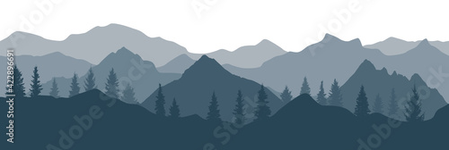 Spruce trees and mountain, silhouettes. Beautiful landscape. Vector illustration.