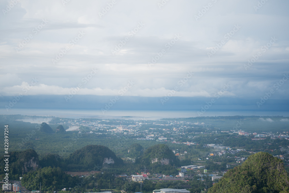 Khao Khanab Nam View Point, Krabi Town, a bird's-eye view with large rain clouds coming in Khao Khanab Nam View Point, Krabi Town, a bird's-eye view with large rain clouds coming in