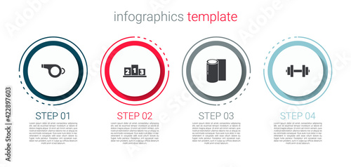 Set Whistle, Award over sports winner podium, Fitness mat roll and Dumbbell. Business infographic template. Vector