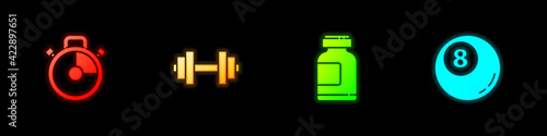 Set Stopwatch, Dumbbell, Sports nutrition and Billiard pool snooker ball icon. Vector