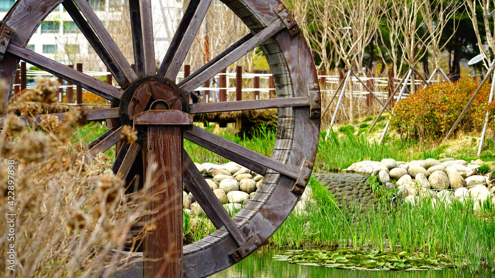 a waterwheel by a stream in the park