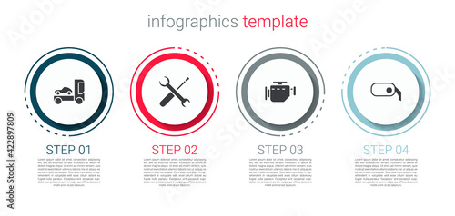 Set Car transporter truck, Screwdriver and wrench spanner, Check engine and rearview mirror. Business infographic template. Vector