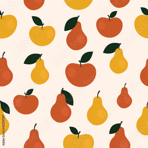 Cute simple seamless pattern with pears and apples. Illustration Harvesting, fruits, healthy plant food, vegetarian, farm product. Wrapping paper design