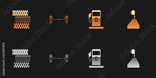 Set Car tire wheel, Chassis car, Petrol or Gas station and Gear shifter icon. Vector