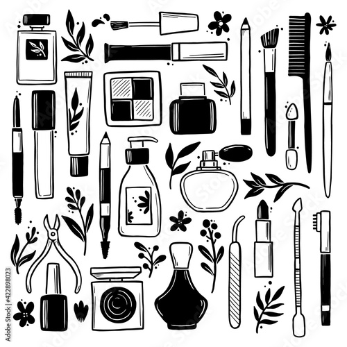 Hand drawn set of makeup beauty cosmetic elements, mascara, cream bottle, nail product, skin brush. Doodle sketch style. Illustration for makeup, beauty salon, cosmetic store icon, background design.