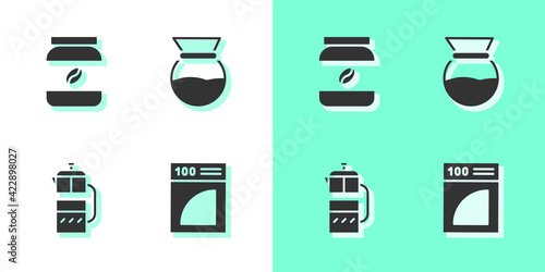 Set Coffee paper filter, jar bottle, French press and Pour over coffee maker icon. Vector