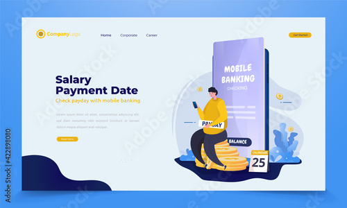 A man checking balance in mobile banking app for payday illustration concept