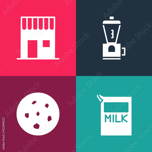 Set pop art Paper package for milk, Cookie biscuit, Electric coffee grinder and Coffee shop icon. Vector