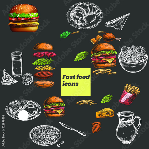 Set of fast food icons with a burger.
