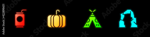 Set Soda can with straw, Pumpkin, Indian teepee or wigwam and Grand canyon icon. Vector