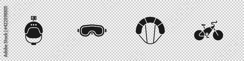 Set Helmet and action camera, Ski goggles, Parachute and Bicycle icon. Vector