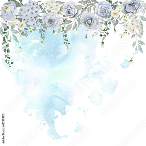 Watercolor of light violet roses with white flowers and green leaves curtain