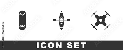 Set Skateboard trick, Kayak or canoe and Drone flying icon. Vector