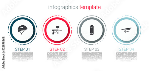 Set Bicycle helmet, Paintball gun, Skateboard trick and Hang glider. Business infographic template. Vector