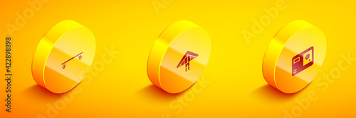 Set Isometric Longboard or skateboard, Hang glider and Action extreme camera icon. Vector