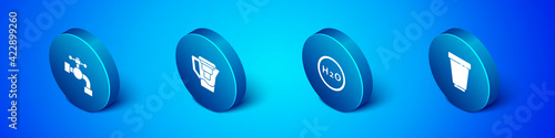 Set Isometric Water tap, Chemical formula for H2O, filter cartridge and jug with icon. Vector