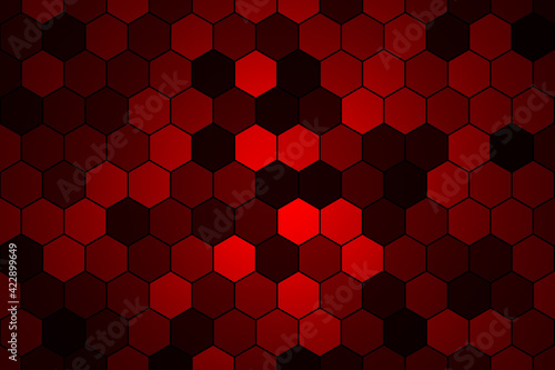 Honeycomb Grid tile random background or Hexagonal cell texture. in color Bright Red with dark or black gradient.