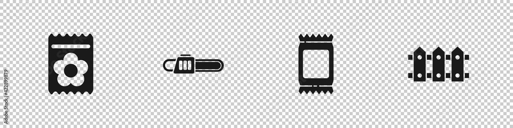 Obraz premium Set Pack full of seeds of plant, Chainsaw, Fertilizer bag and Garden fence wooden icon. Vector