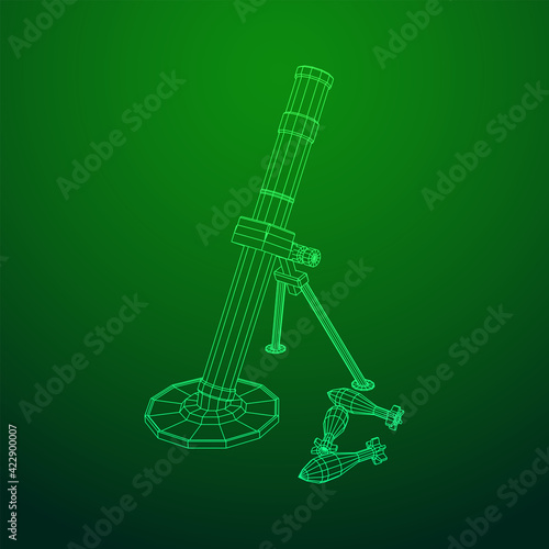 Firearm weapon army mortar and mine. Wireframe low poly