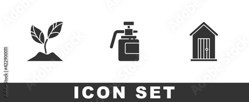 Set Plant, Garden sprayer for fertilizer and Farm house icon. Vector
