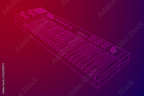 Piano roll analog synthesizer faders buttons knobs. Wireframe low poly mesh