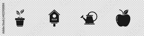 Set Plant in pot, Bird house, Watering can and Apple icon. Vector