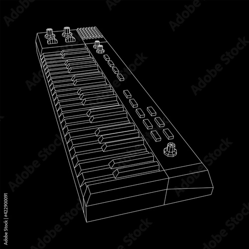 Piano roll analog synthesizer faders buttons knobs. Wireframe low poly mesh