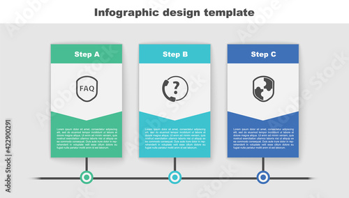 Set Shield with text FAQ, Telephone 24 hours support and . Business infographic template. Vector