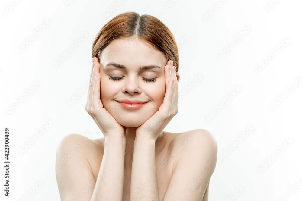 smiling woman holding hands on face glamor sexy cropped view smiling woman holding hands on face glamor sexy cropped view