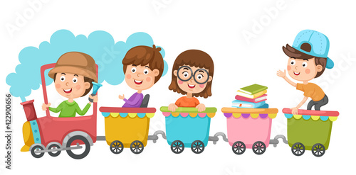 Illustration of school kids riding train transportation education vector