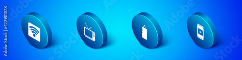 Set Isometric Wi-Fi wireless internet network, Punching bag, Online play video and Retro tv icon. Vector