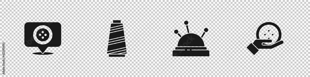 Set Location tailor shop, Sewing thread, Needle bed and needles and button icon. Vector Set Location tailor shop, Sewing thread, Needle bed and needles and button icon. Vector