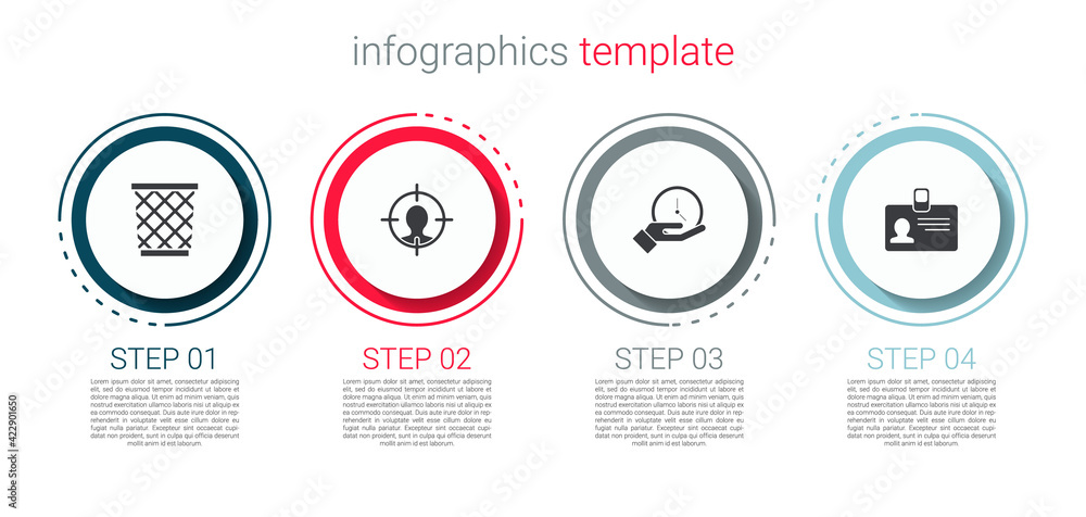 Set Trash can, Head hunting concept, Clock and Identification badge. Business infographic template. Vector Set Trash can, Head hunting concept, Clock and Identification badge. Business infographic template. Vector