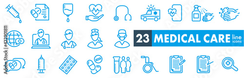 Outline icons about hospital, medical care, drug testing, scientific discovery and disease prevention signs. 