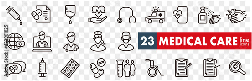 Outline icons about hospital, medical care, drug testing, scientific discovery and disease prevention signs. 
