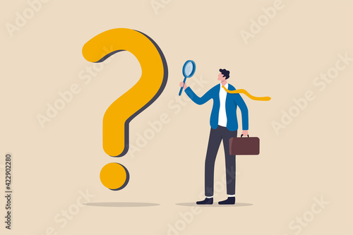 Problem and root cause analysis, research and leadership skill to find solution or answer for business problem concept, smart businessman analyst using magnifying glass to analyze question mark sign.