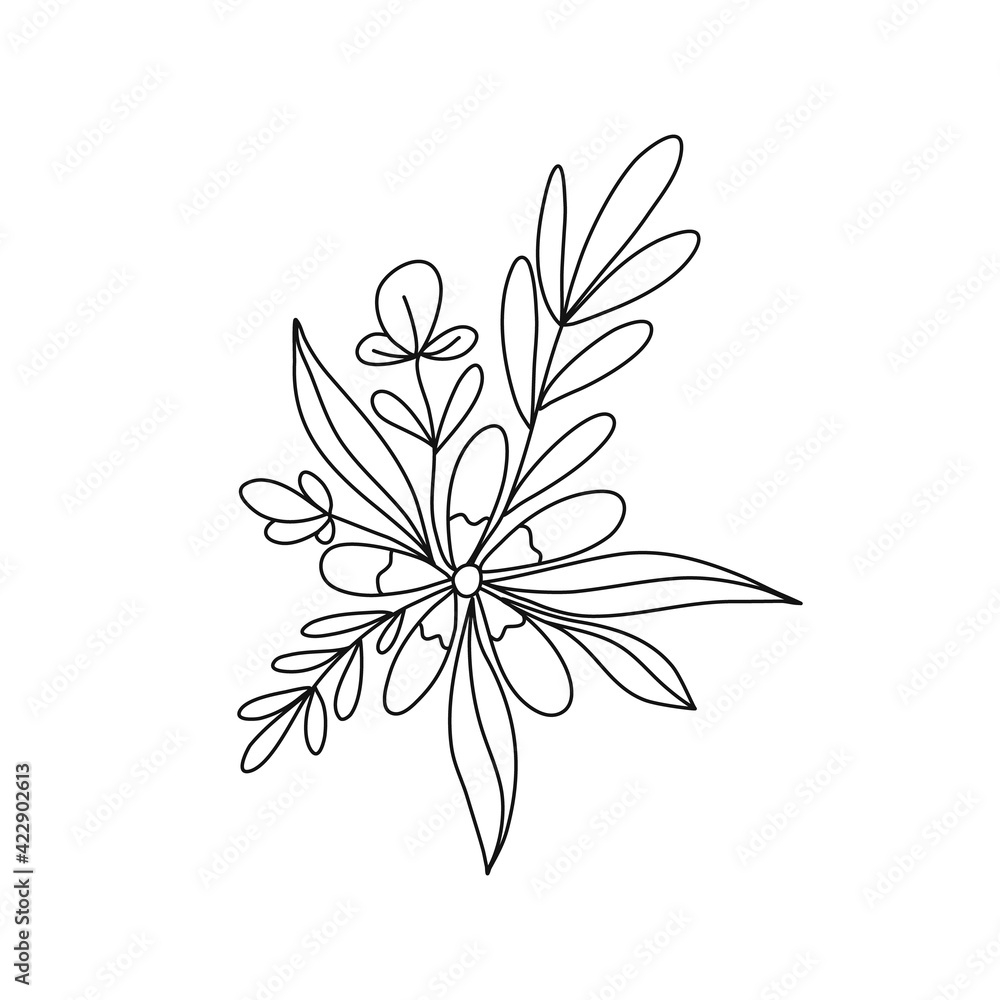 Outline bouquet layering with different flowers and leaves. Vector illustration, editable stroke. Outline bouquet layering with different flowers and leaves. Vector illustration, editable stroke.