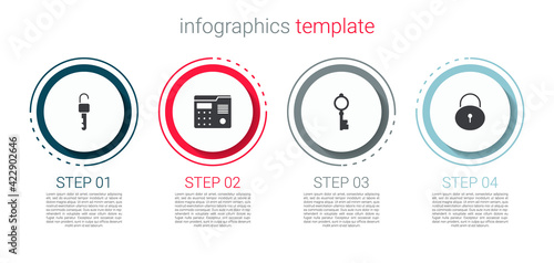 Set Unlocked key, House intercom system, Old and Lock. Business infographic template. Vector