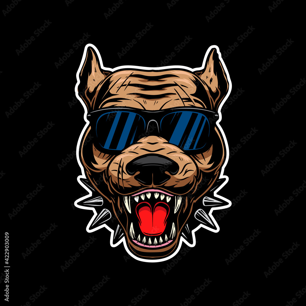 Illustration of angry  pitbull terrier head in sunglasses. Design element for logo, label, sign, emblem, poster. Vector illustration