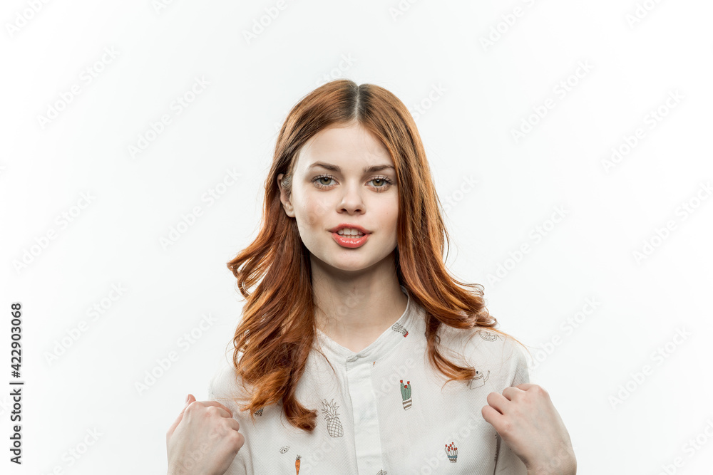 pretty woman in shirt glamor attractive look cropped view studio model