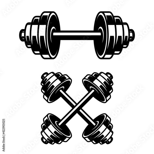 Fitness dumbbells isolated on white background. Design element for logo, label, sign, emblem, poster. Vector illustration