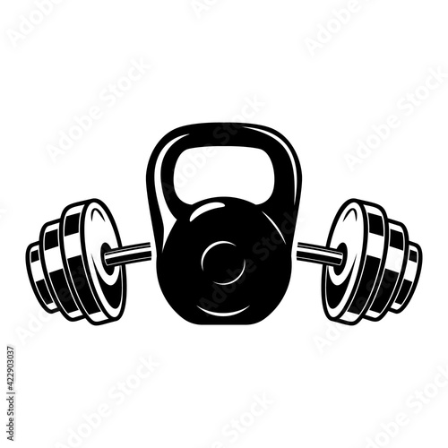 Illustration of of kettlebell and barbell . Design element for logo, label, sign, emblem, poster. Vector illustration