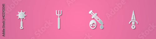 Set paper cut Medieval chained mace ball, Garden pitchfork, Sword with blood and Dagger icon. Paper art style. Vector